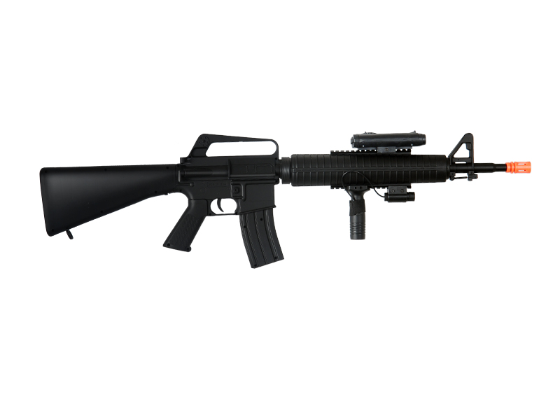 Well Fire M16A3 Spring Powered M4 Rifle w/ Laser, Flashlight, and Vertical Grip (Color: Black) - Click Image to Close