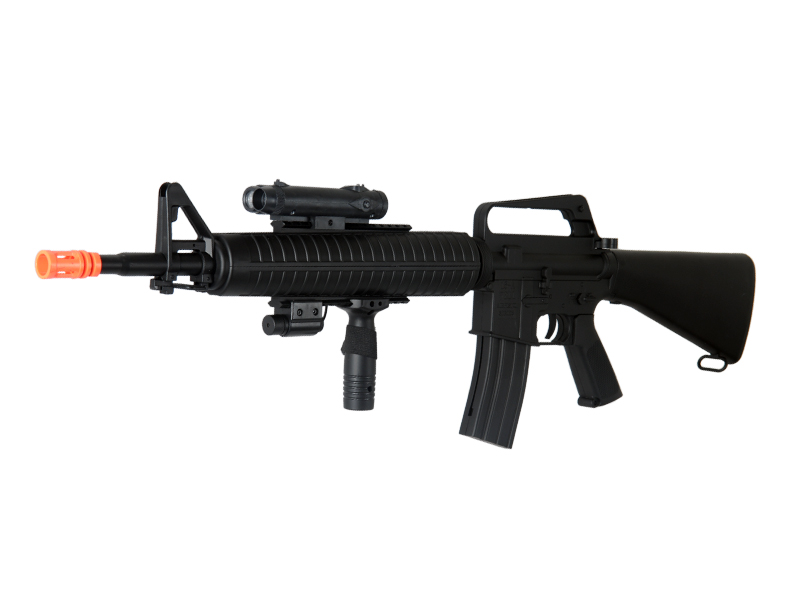Well Fire M16A3 Spring Powered M4 Rifle w/ Laser, Flashlight, and Vertical Grip (Color: Black) - Click Image to Close