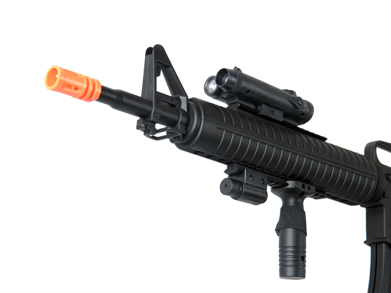 Well Fire M16A3 Spring Powered M4 Rifle w/ Laser, Flashlight, and Vertical Grip (Color: Black) - Click Image to Close