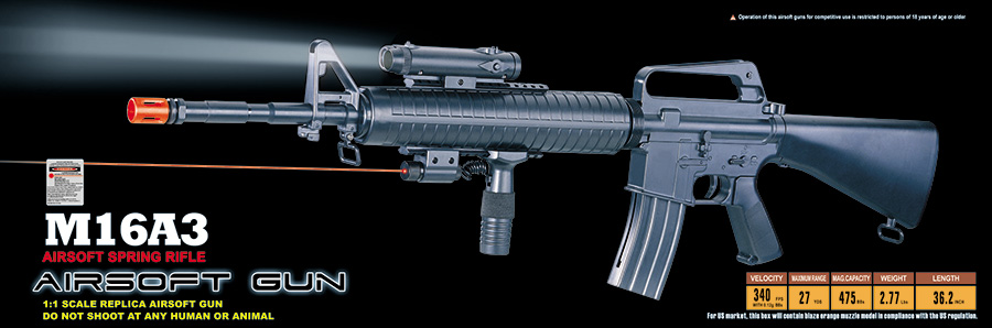 Well Fire M16A3 Spring Powered M4 Rifle w/ Laser, Flashlight, and Vertical Grip (Color: Black) - Click Image to Close