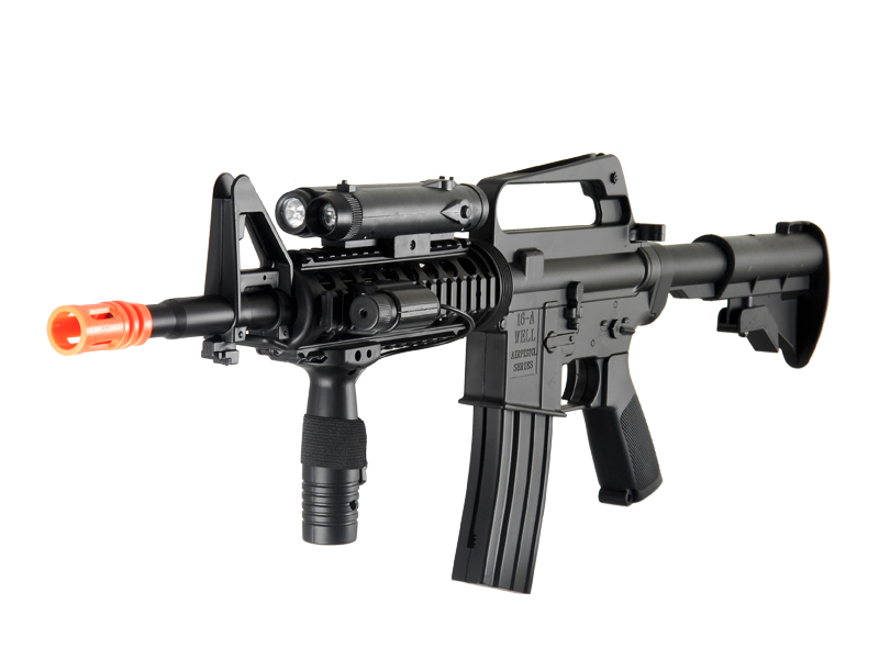 Well M16A4 M4 RIS Spring Rifle w/ Flashlight, Laser, Vertical Foregrip, Retractable Stock