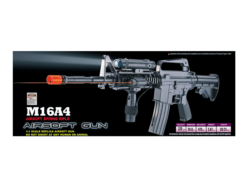 Well M16A4 M4 RIS Spring Rifle w/ Flashlight, Laser, Vertical Foregrip, Retractable Stock - Click Image to Close