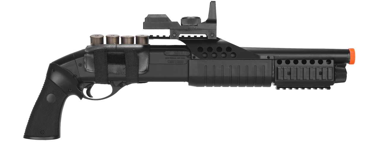 M180B2 SPRING SHOTGUN RIS PISTOL GRIP W/ 4 BULLET SHELLS, SHELL HOLDER, FLASHLIGHT, MOCK RED DOT SCOPE - Click Image to Close