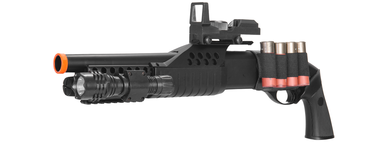 M180B2 SPRING SHOTGUN RIS PISTOL GRIP W/ 4 BULLET SHELLS, SHELL HOLDER, FLASHLIGHT, MOCK RED DOT SCOPE