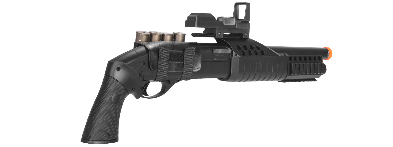 M180B2 SPRING SHOTGUN RIS PISTOL GRIP W/ 4 BULLET SHELLS, SHELL HOLDER, FLASHLIGHT, MOCK RED DOT SCOPE