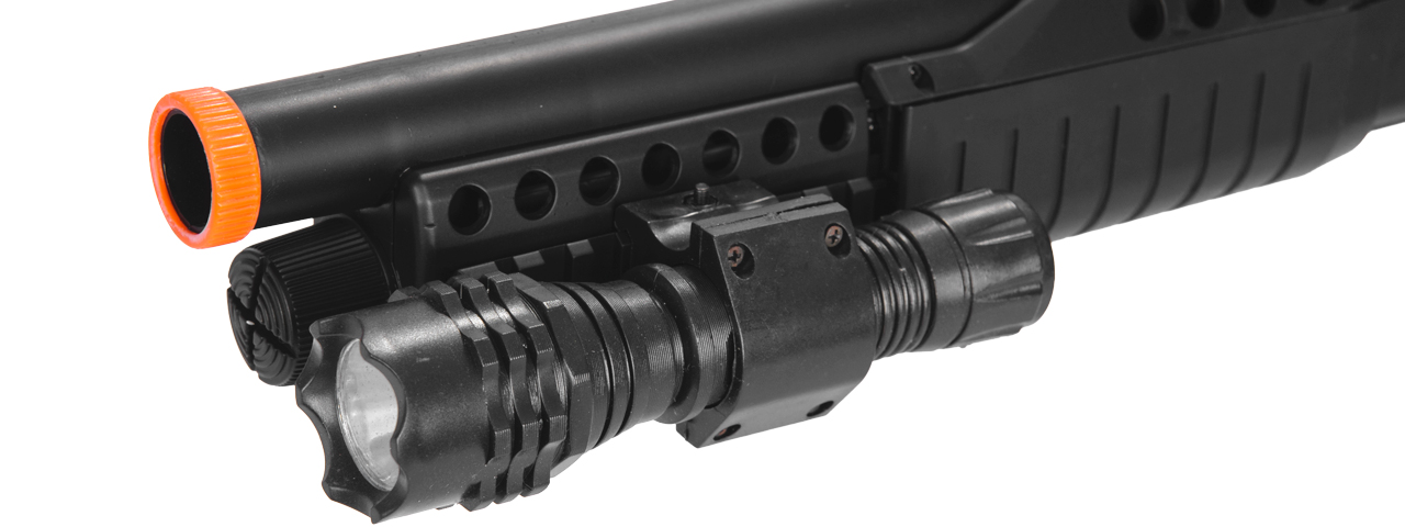 M180B2 SPRING SHOTGUN RIS PISTOL GRIP W/ 4 BULLET SHELLS, SHELL HOLDER, FLASHLIGHT, MOCK RED DOT SCOPE