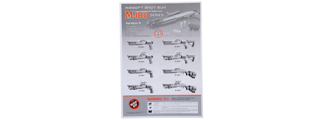 M180B2 SPRING SHOTGUN RIS PISTOL GRIP W/ 4 BULLET SHELLS, SHELL HOLDER, FLASHLIGHT, MOCK RED DOT SCOPE - Click Image to Close
