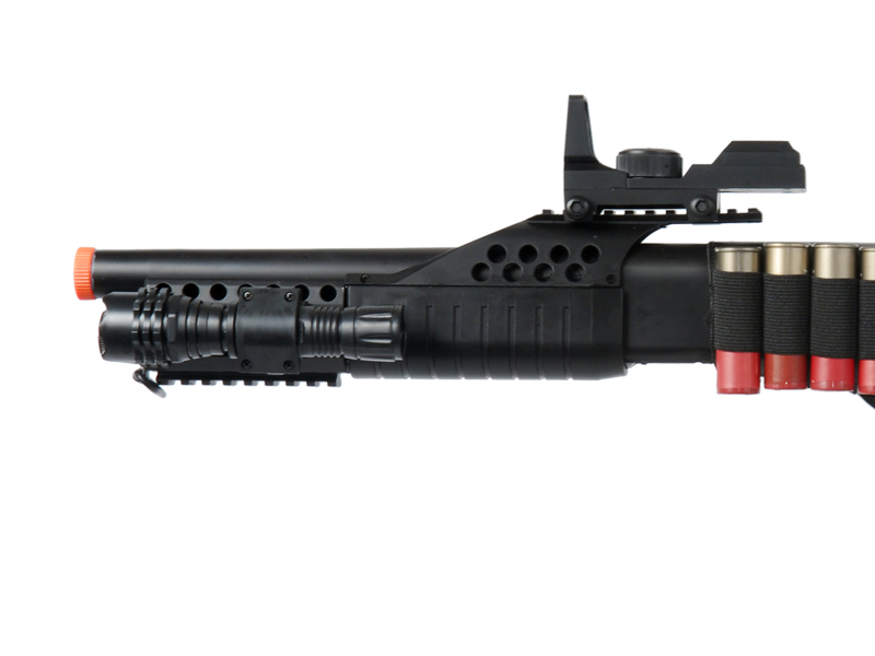 UKARMS M180C2 Spring Shotgun RIS w/ 4 Bullet Shells, Shell Holder, Flashlight, Mock Red Dot Scope, Retractable LE Stock - Click Image to Close