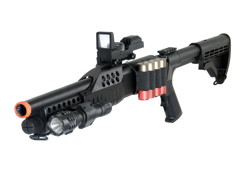 UKARMS M180C2 Spring Shotgun RIS w/ 4 Bullet Shells, Shell Holder, Flashlight, Mock Red Dot Scope, Retractable LE Stock - Click Image to Close