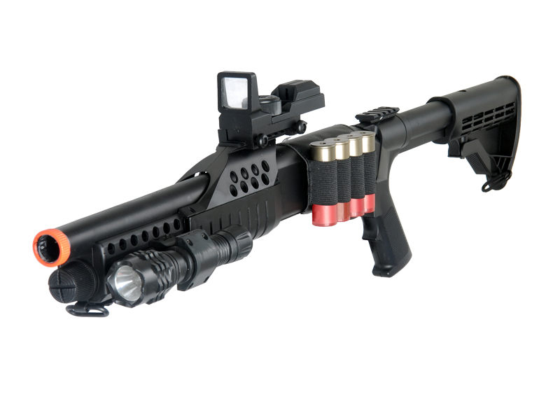 UKARMS M180C2 Spring Shotgun RIS w/ 4 Bullet Shells, Shell Holder, Flashlight, Mock Red Dot Scope, Retractable LE Stock