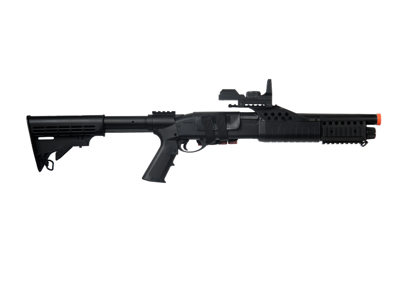UKARMS M180C2 Spring Shotgun RIS w/ 4 Bullet Shells, Shell Holder, Flashlight, Mock Red Dot Scope, Retractable LE Stock