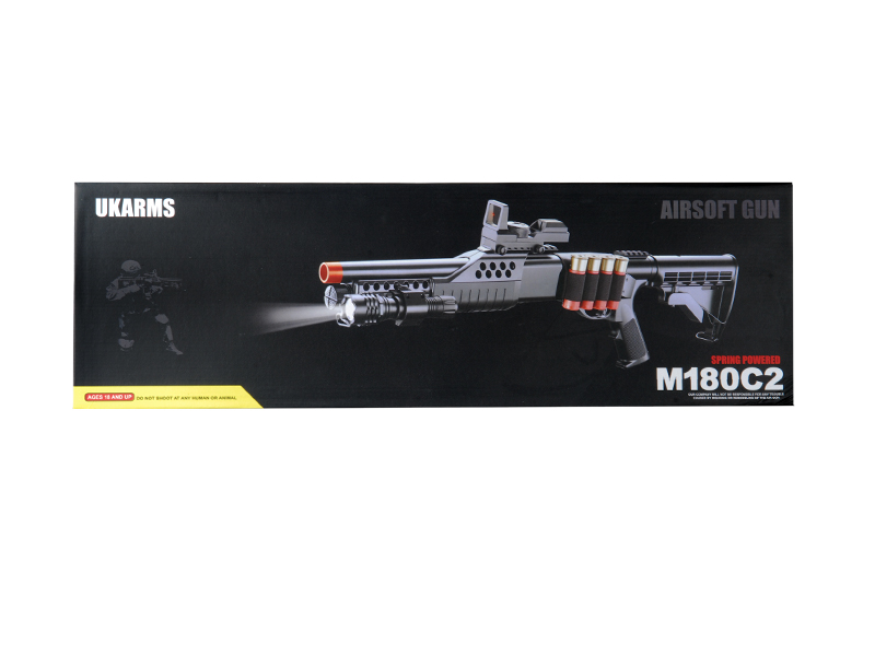 UKARMS M180C2 Spring Shotgun RIS w/ 4 Bullet Shells, Shell Holder, Flashlight, Mock Red Dot Scope, Retractable LE Stock