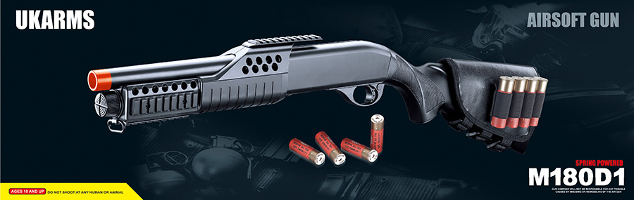 UKARMS M180D1 Spring Shotgun RIS w/ 4 Bullet Shells, Stock Shell Holder, Flashlight, Fixed Stock - Click Image to Close