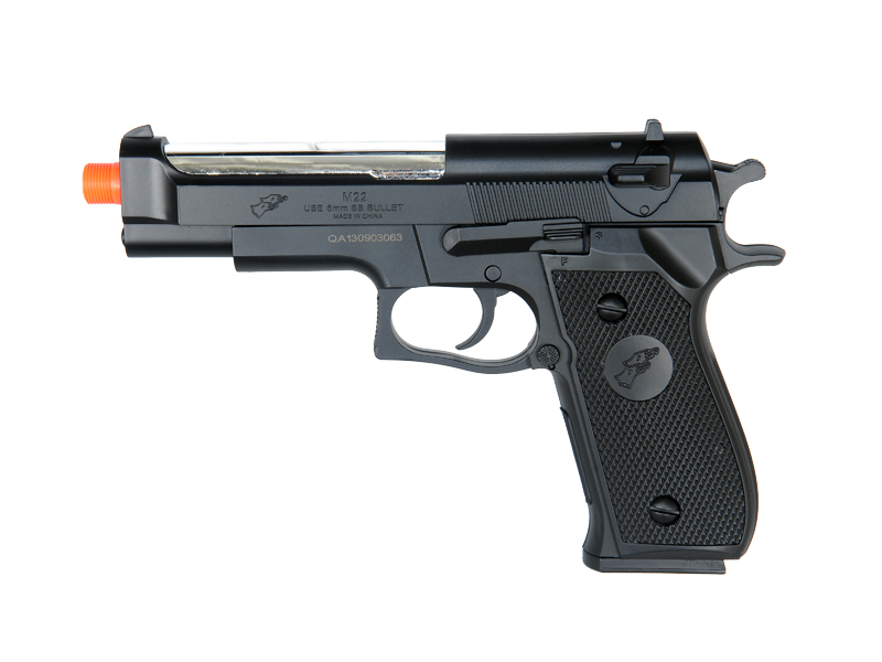 Double Eagle M22 Two Tone Spring Powered Airsoft Pistol w/ Mock Suppressor - Click Image to Close