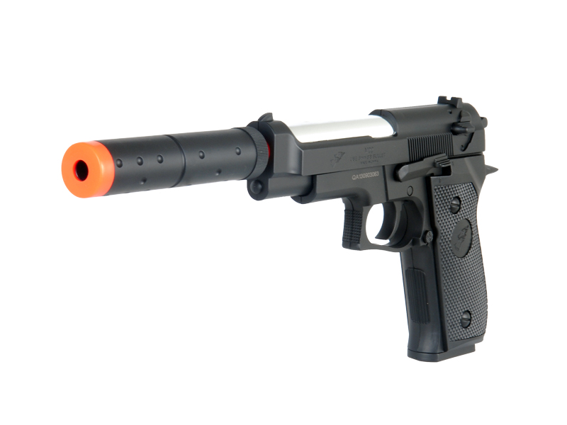 Double Eagle M22 Two Tone Spring Powered Airsoft Pistol w/ Mock Suppressor - Click Image to Close