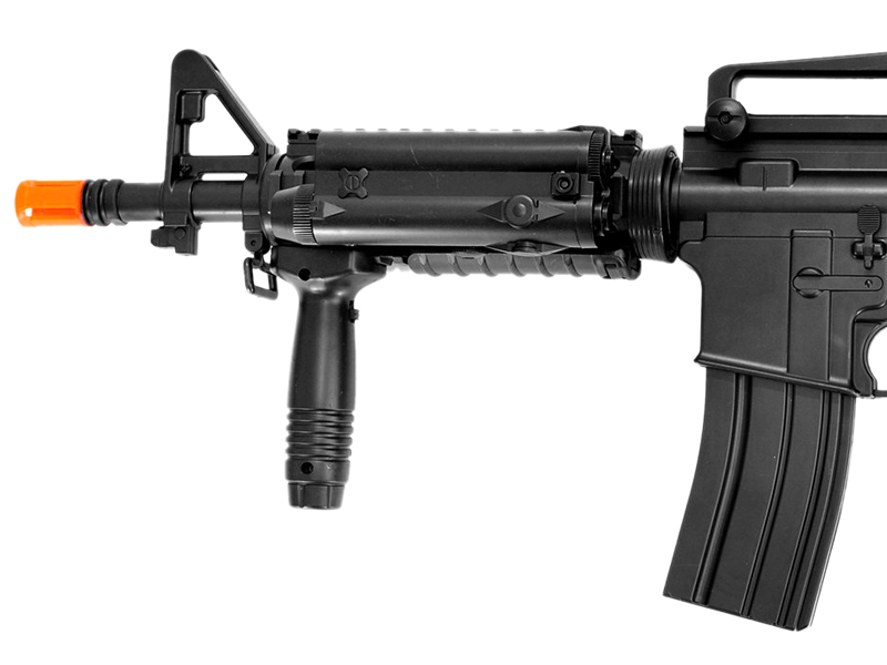 M3081D AEG Plastic Gear CQB M4 w/Rails, Rail Covers, Adjustable Crane Stock, Vertical Fore Grip & Removable Carrying Handle - Click Image to Close