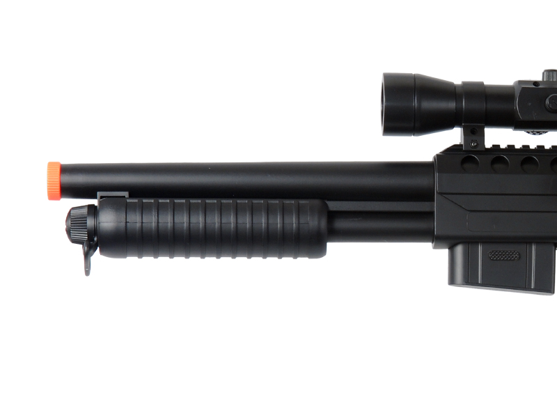 DOUBLE EAGLE AIRSOFT SPRING TENSION SHOTGUN W/ ACCESSORIES - BLACK - Click Image to Close