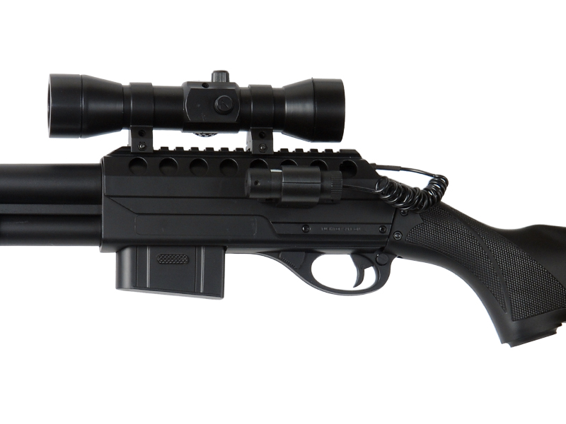 DOUBLE EAGLE AIRSOFT SPRING TENSION SHOTGUN W/ ACCESSORIES - BLACK - Click Image to Close