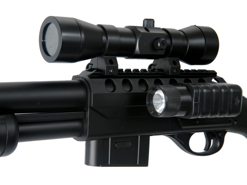 DOUBLE EAGLE AIRSOFT SPRING TENSION SHOTGUN W/ ACCESSORIES - BLACK - Click Image to Close