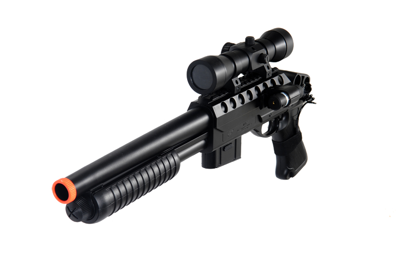 Double Eagle Tactical Sawed-Off Pump Action Airsoft Shotgun w/ Scope, Laser (Color: Black)