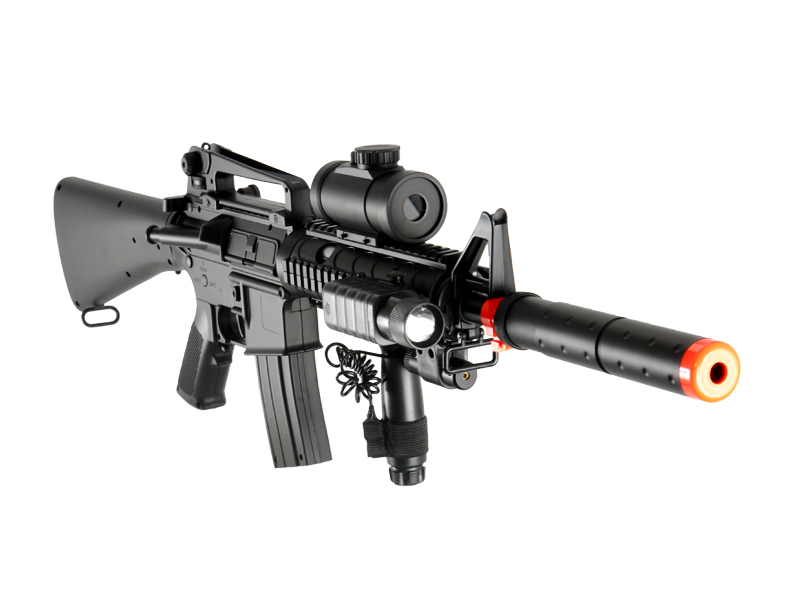 Double Eagle M83B2 Plastic Gear M4 AEG w/ Laser, Flashlight, & Red Dot Scope, Black - Click Image to Close