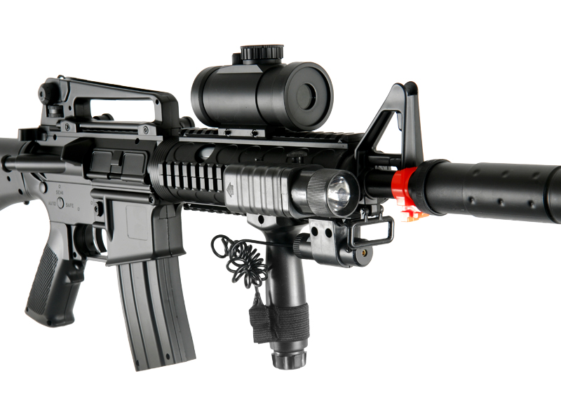 Double Eagle M83B2 Plastic Gear M4 AEG w/ Laser, Flashlight, & Red Dot Scope, Black
