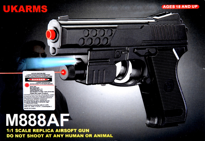 UK ARMS AIRSOFT M888AF SPRING PISTOL W/ FLASHLIGHT & LASER - BLACK - Click Image to Close