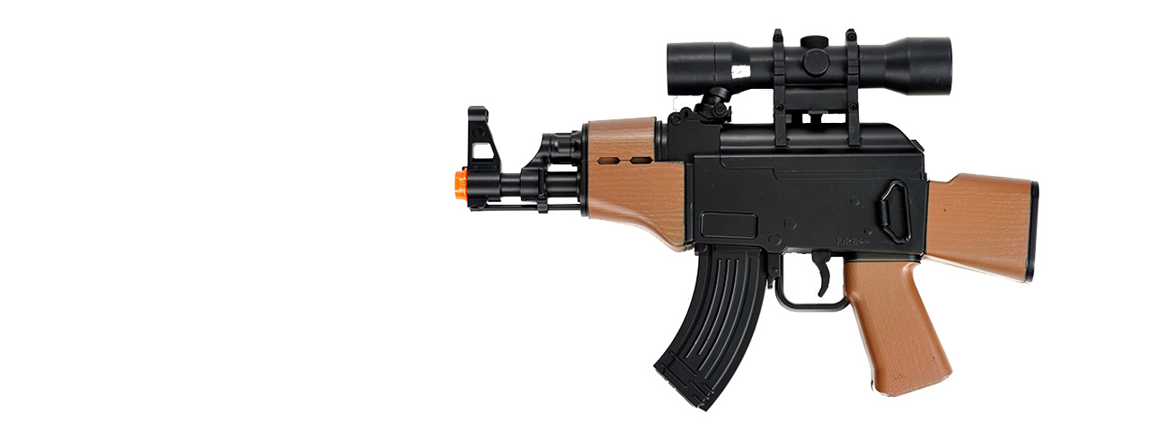 M95B DOUBLE EAGLE PLASTIC GEAR MINI AK LPEG W/ MOCK SCOPE (BLACK/WOOD) - Click Image to Close