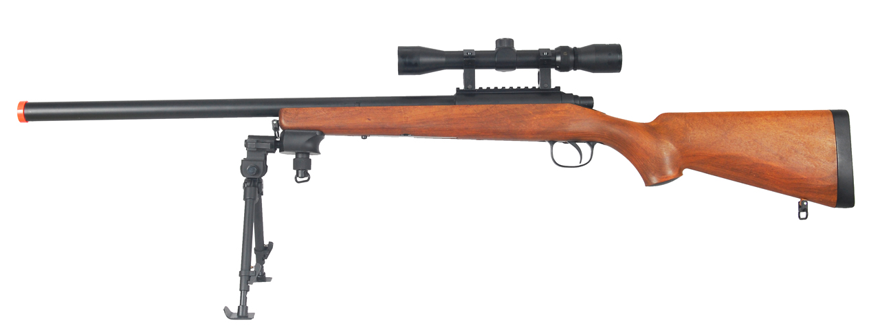 AGM MP001AAB BOLT ACTION SNIPER RIFLE w/ SCOPE & BI-POD (COLOR: WOOD) - Click Image to Close