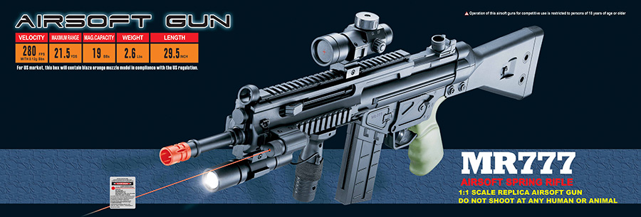 Well MR777 Spring Rifle w/ RIS, Flashlight, Pressure Switch Laser, Scope and Barrel Extension - Click Image to Close