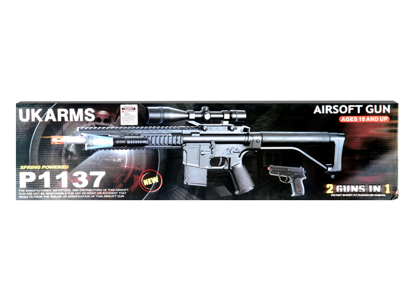 UKARMS P1137 RIS Spring Rifle w/ Scope, Laser & Flashlight and Bonus P618 Spring Pistol in Combo Box - Click Image to Close