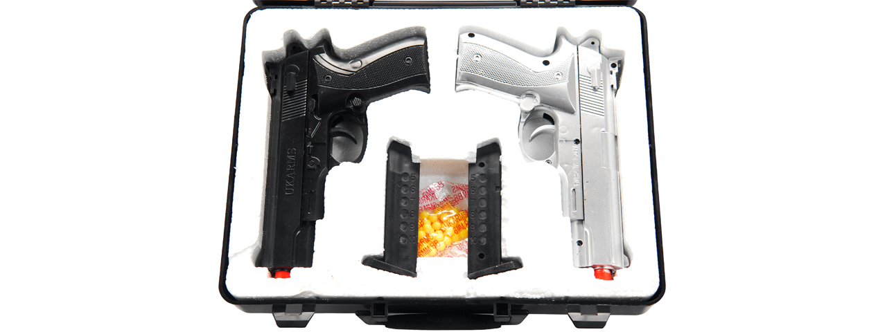 P628SB UKARMS 2 SPRING PISTOLS IN COMBO PACK (BLACK AND SILVER) - Click Image to Close
