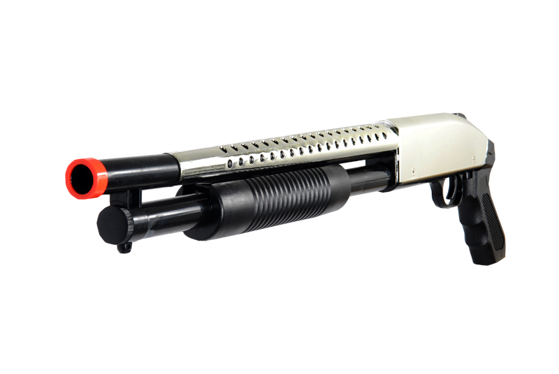 CYMA P788S Pump Action Airsoft Spring Shotgun (Color: Chrome) - Click Image to Close