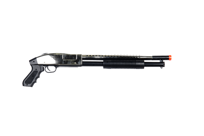 CYMA P788S Pump Action Airsoft Spring Shotgun (Color: Chrome) - Click Image to Close