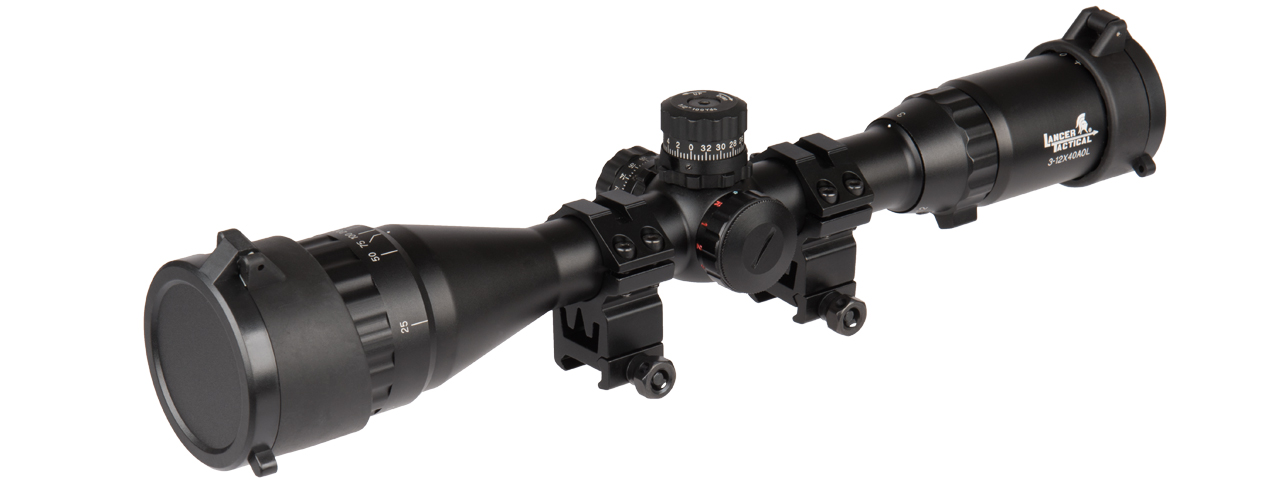 Lancer Tactical 3-12X40 AOL Red/Green/Blue Illuminated Scope (Color: Black) - Click Image to Close