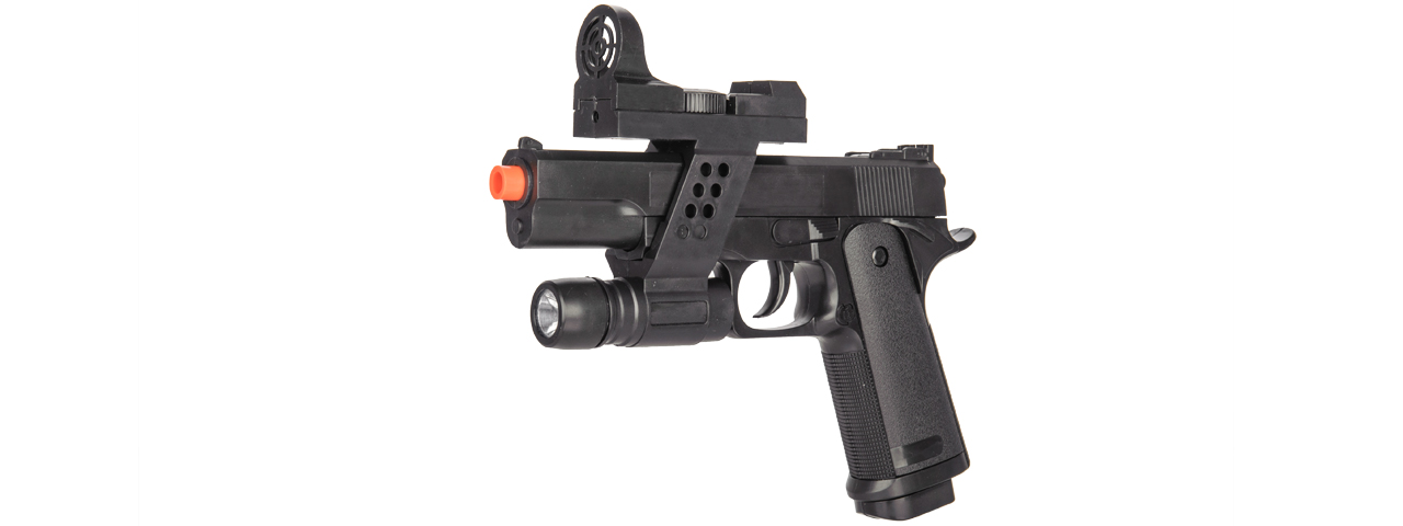 G153BAF M1911 Spring Pistol (Black w/ Flashlight, Sight, Laser - Click Image to Close