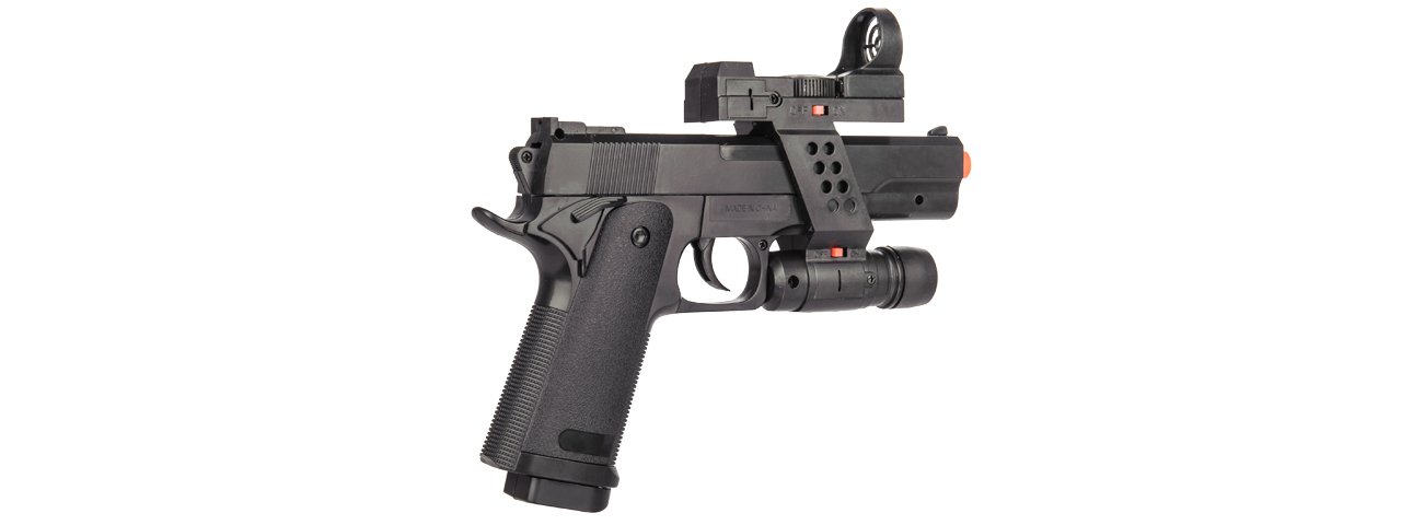 G153BAF M1911 Spring Pistol (Black w/ Flashlight, Sight, Laser - Click Image to Close