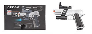 G153SAF Uk Arms M1911 Spring Pistol (Silver) w/ Flashlight, Sight, Laser