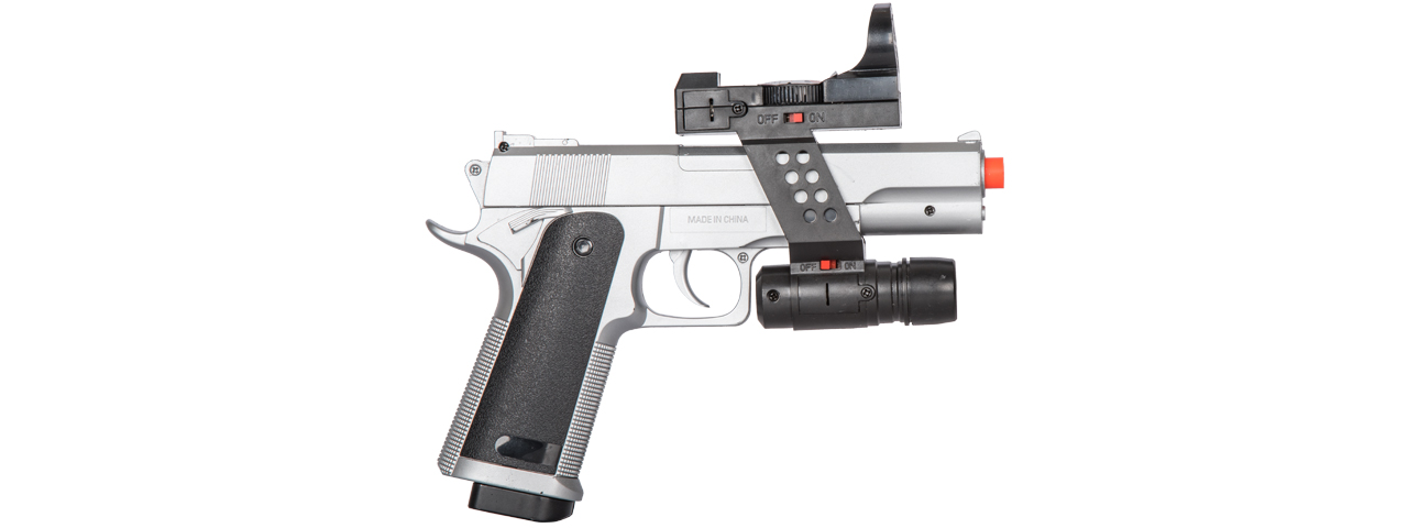 G153SAF Uk Arms M1911 Spring Pistol (Silver) w/ Flashlight, Sight, Laser - Click Image to Close