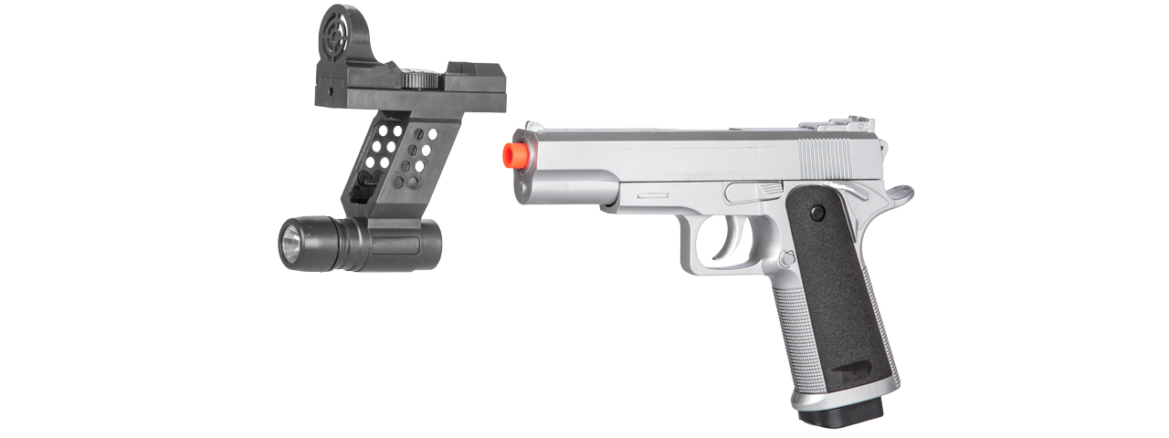 G153SAF Uk Arms M1911 Spring Pistol (Silver) w/ Flashlight, Sight, Laser - Click Image to Close