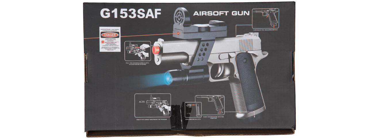 G153SAF Uk Arms M1911 Spring Pistol (Silver) w/ Flashlight, Sight, Laser