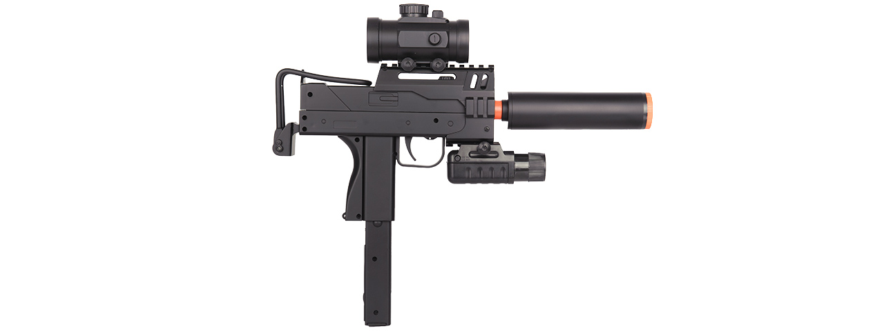 M42P DOUBLE EAGLE MINI UZI (BK) w/ SUPPRESSOR. LASER, RED-DOT SIGHT, FLASHLIGHT - Click Image to Close