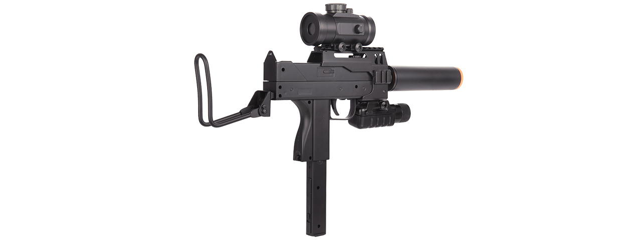 M42P DOUBLE EAGLE MINI UZI (BK) w/ SUPPRESSOR. LASER, RED-DOT SIGHT, FLASHLIGHT - Click Image to Close