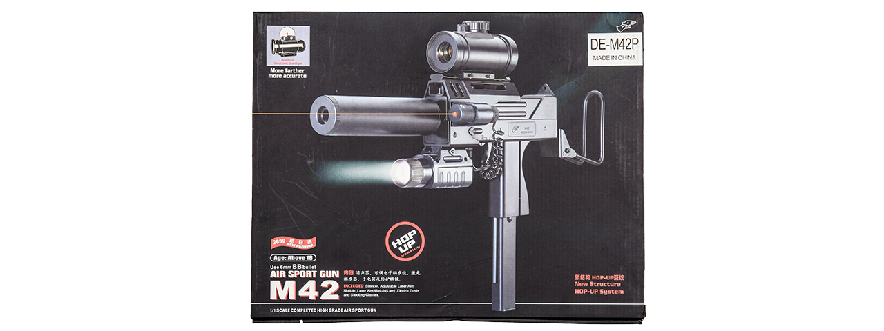 M42P DOUBLE EAGLE MINI UZI (BK) w/ SUPPRESSOR. LASER, RED-DOT SIGHT, FLASHLIGHT - Click Image to Close