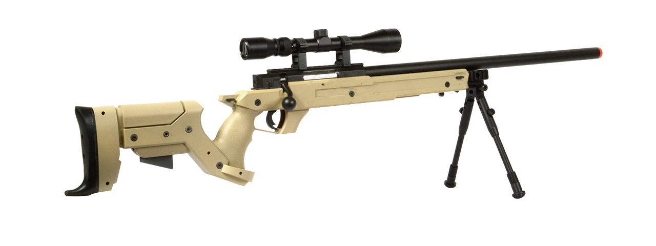 WELLFIRE SR22 BOLT ACTION TYPE 22 SNIPER RIFLE W/ SCOPE + BIPOD - TAN - Click Image to Close