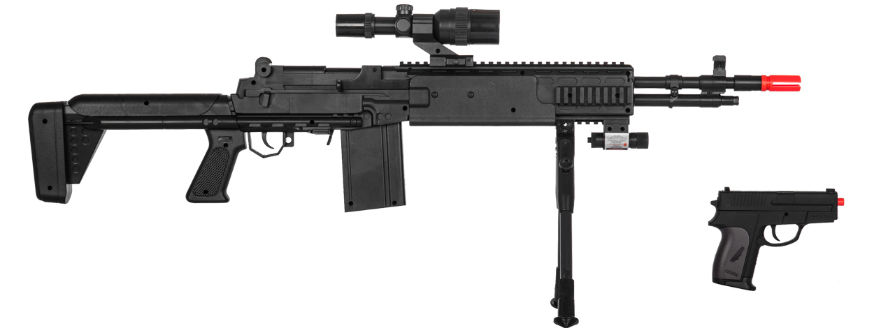 UKARMS P1114 SPRING RIFLE W/ SCOPE, BIPOD, LASER, & FLASHLIGHT AND BONUS P618 SPRING PISTOL IN COMBO BOX