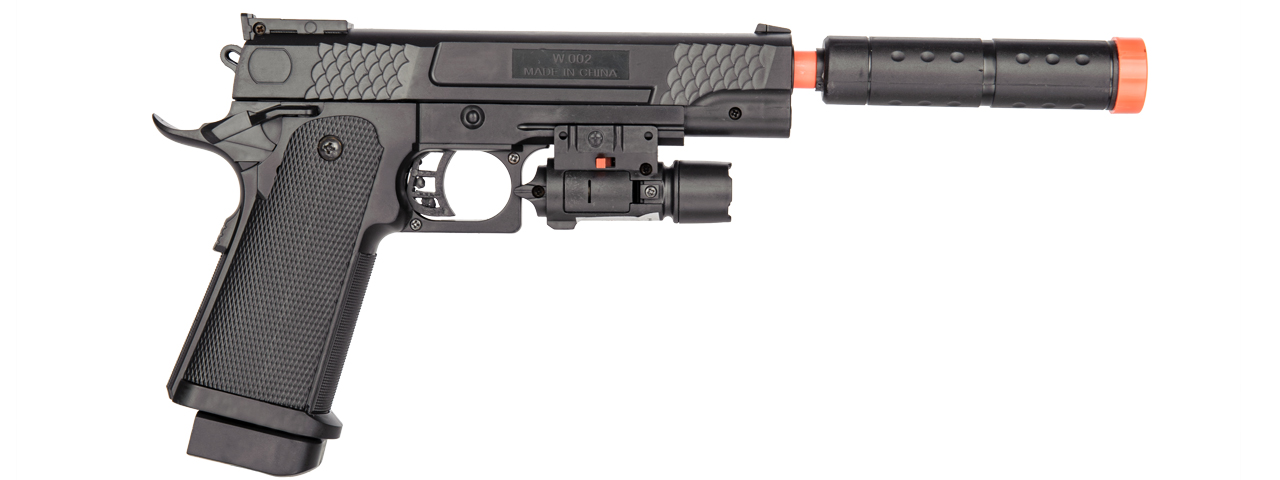 P2002C SPRING PISTOL w/ LASER, SUPPRESSOR (BK)