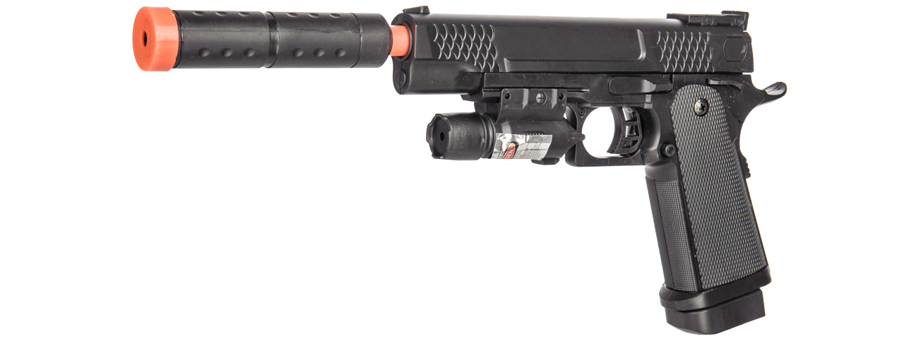 P2002C SPRING PISTOL w/ LASER, SUPPRESSOR (BK) - Click Image to Close