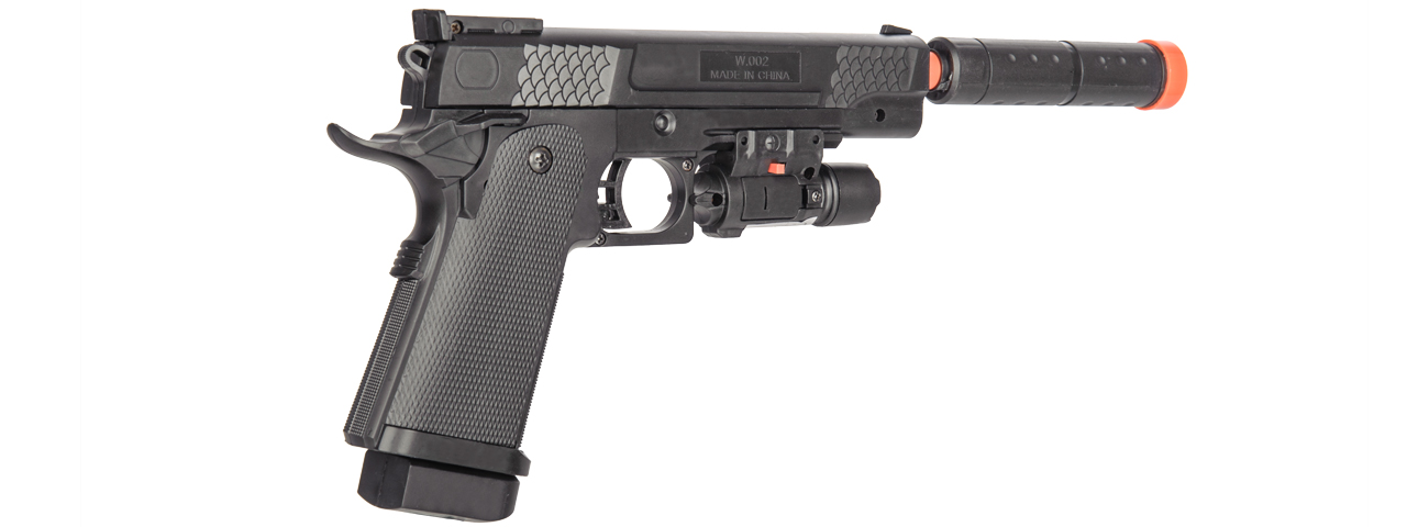 P2002C SPRING PISTOL w/ LASER, SUPPRESSOR (BK) - Click Image to Close