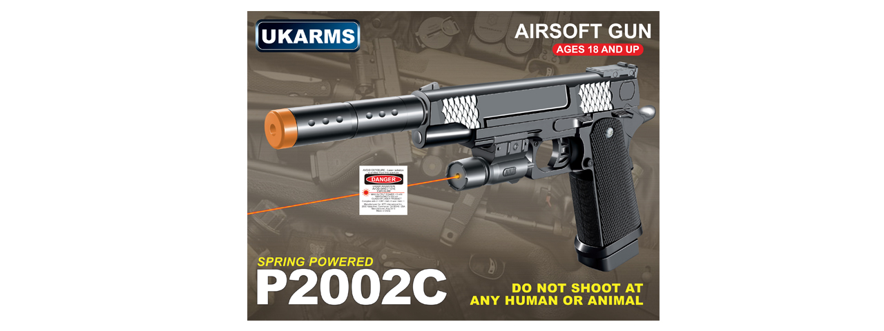 P2002C SPRING PISTOL w/ LASER, SUPPRESSOR (BK)